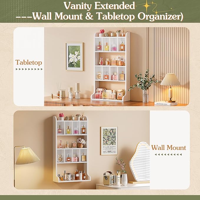 Keebofly Perfume Organizer Wall Mount & Large Cologne Display Case - Wooden Multi-Tier Trinket Shelf for Fragrances, Collectibles, Figures, Miniatures, Cosmetics and Shot Glasses, White