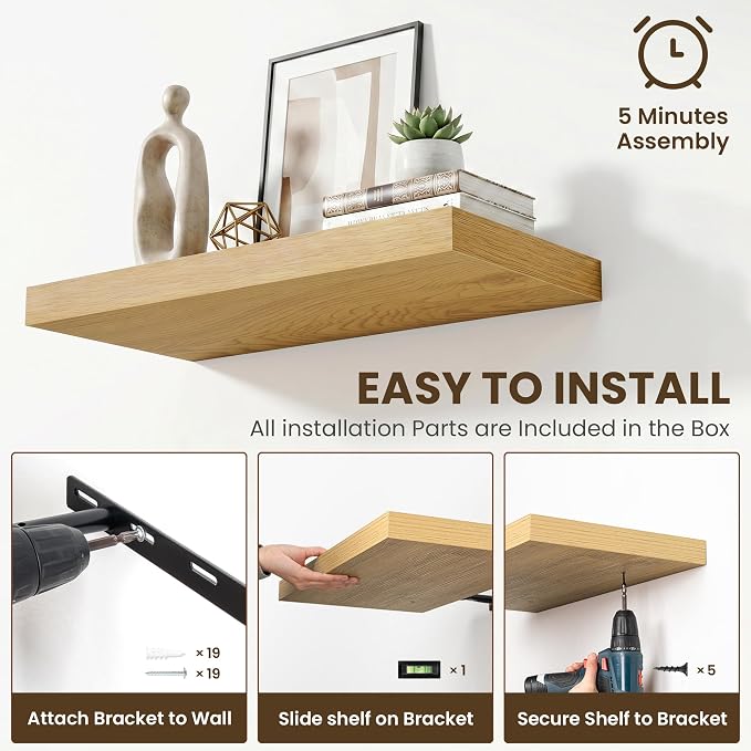 Acovy 72 Inch Long Floating Shelves for Wall Set of 2,12" Deep Wall Shelf,Large Floating Shelf with Invisible Brackets for Bedroom,Bathroom,Kitchen,Farmhouse Home Decor Display Bookshelf,Oak