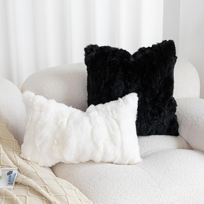 Genuine Rabbit Fur Throw Pillow Covers Set of 2,Luxury Decorative Pillowcases Soft Fluffy Animal Skin Accents Square Cushion Cover for Couch Sofa Bedroom Living Room Home,18x18 inch,Black