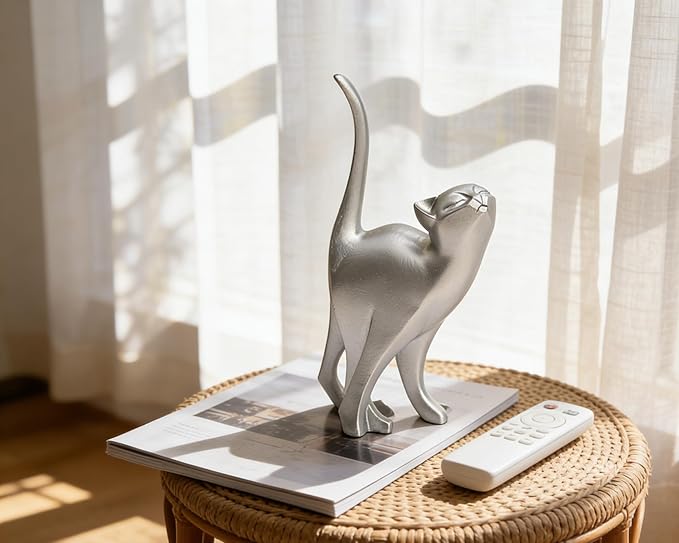 Silver Cat Statue Modern Abstract, Home Office Shelf Decor, 7-Inch Vibrant Assorted Colors, Easy to Match Any Decor Style
