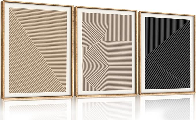 HPNIUB Abstract Neutral Framed Wall Art Set,Mid Century Modern Wall Decor,Boho Geometric Line Art Print,Beige Minimalist Textured Artwork for Living Room, Bedroom,Office-12 x16 x3