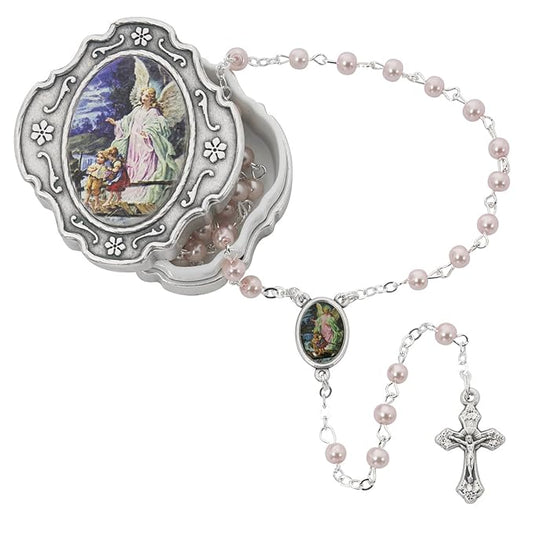 760-91 GUARDIAN ANGEL BOX WITH PINK ROSARY, PERFECT FOR BAPTISM OR CHRISTENING