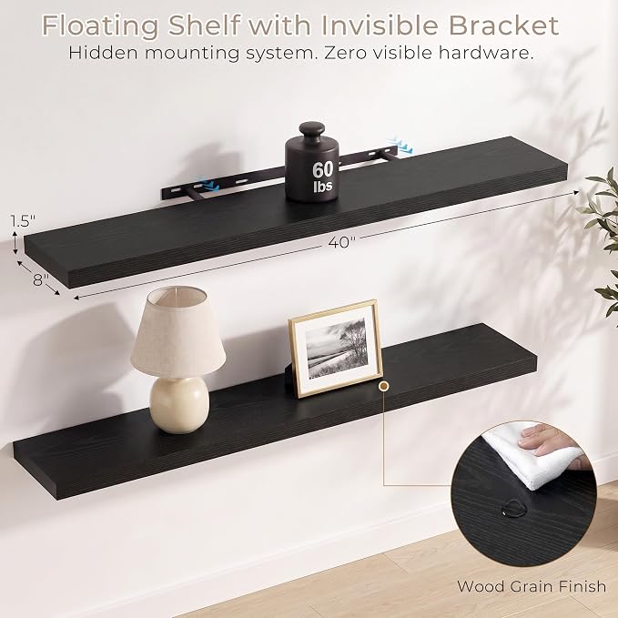 Vivelove Black Floating Shelves for Wall with Invisible Brackets, Long Floating Shelves for Bedroom Bathroom Living Room Kitchen Office,40”X 8" X 1.4", Set of 2 - Black