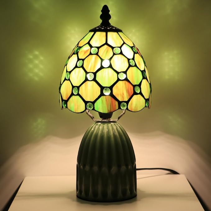 Tiffany Stained Glass Mushroom Table Lamp 12.5 Inch -Brownish Green | Tiffany Lamp,6X6X12.5 Inch,Small Night Light,Ceramic Base, Mini Accent Light Suitable,Bedside,Bedroom, Children Room,Antique