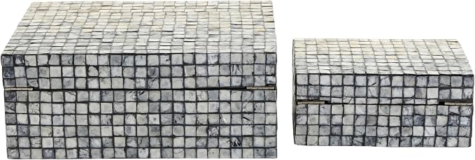 Deco 79 Mother of Pearl Shell Geometric Handmade Decorative Box Square Mosaic Storage Decorative Keepsake Box with Beige Accents, Set of 2 Storage Box 12", 8"W, Gray