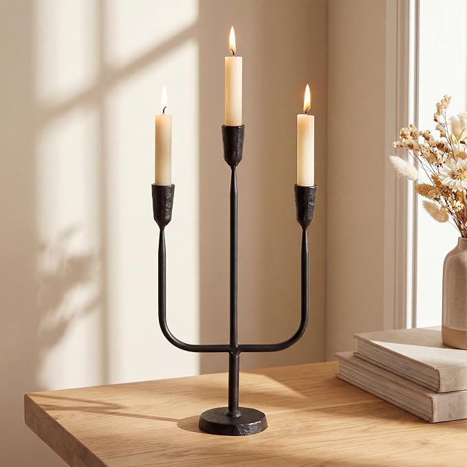 1 Pcs 16 Inch 3 Arm Metal Candelabra Cast Iron Taper Candelabra Vintage Tall Candle Holder Decorative Candlestick Holder for Wedding Antique Table Centerpiece & Mantel Decor (Black)