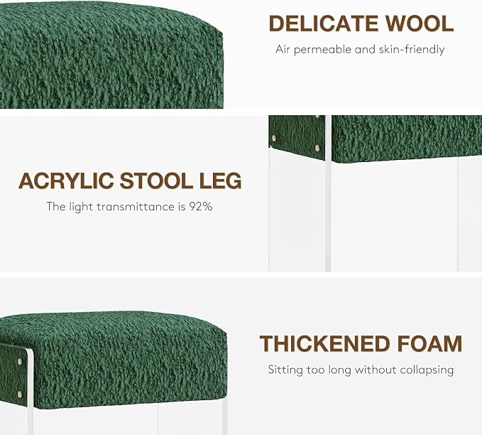Soft Fluffy Stool, Modern Acrylic Footstool with Upholstered Seat, Fluffy Stool for Living Room Bedroom (Green)
