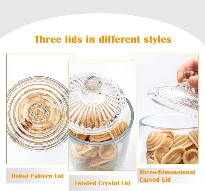 24fl oz Glass Candy Jars with Lids,3 Pack Apothecary Jars,Storage Jar for Candy, Cookies, Snacks, Kitchen Pantry, Clear Glass Jar for Countertop Display & Party Favors，700ml