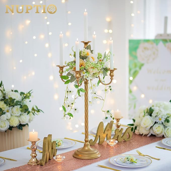 Nuptio Tall Candelabra Candle Holder 2 Pcs 28in Floor Candlestick Holders Taper Candle Holders Gold 5 Arm Candelabras Candle Stand Floral Centerpiece for Fireplace Wedding Birthday Reception Event