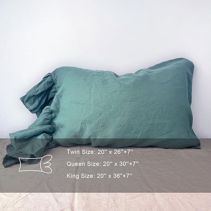 Green Ruffles Linen Pillowcase, 100% French Linen Pillow Cover, Queen Size 1 Piece Farmhouse Shabby Chic Pillow Case, 20''x30'' Pillowcase with Decorative Ruffle Envelope Closure