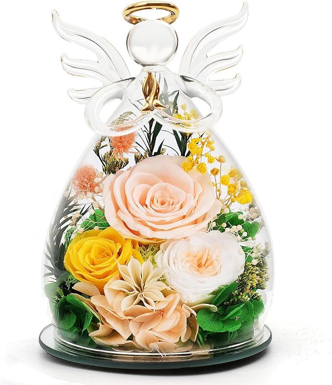 for Mom - Preserved Rose Forever Flower in Glass Angel Figurines, Real Rose Birthday Gifts for Women Grandma Wife, Anniversary Fresh Flower Delivery from Daughter Son