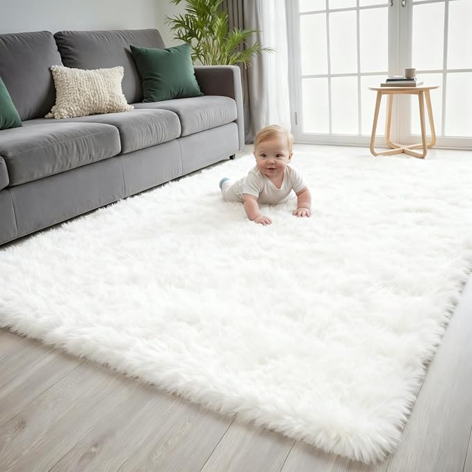 5x7 Area Rug for Living Room, Ultra Soft Fluffy Shag Rugs for Bedroom, Non-Slip Large Fuzzy Plush Rug Indoor Floor Carpet for Nursery Kids Office Dorm Modern Decor, White