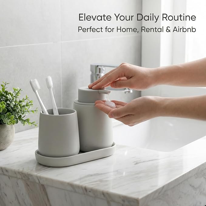 BosilunLife Ceramic Bathroom Accessories Set 3 Pcs, Liquid Soap Dispenser and Toothbrush Holder with Tray, Modern Farmhouse Vanity Decor, Light Grey Housewarming Gift