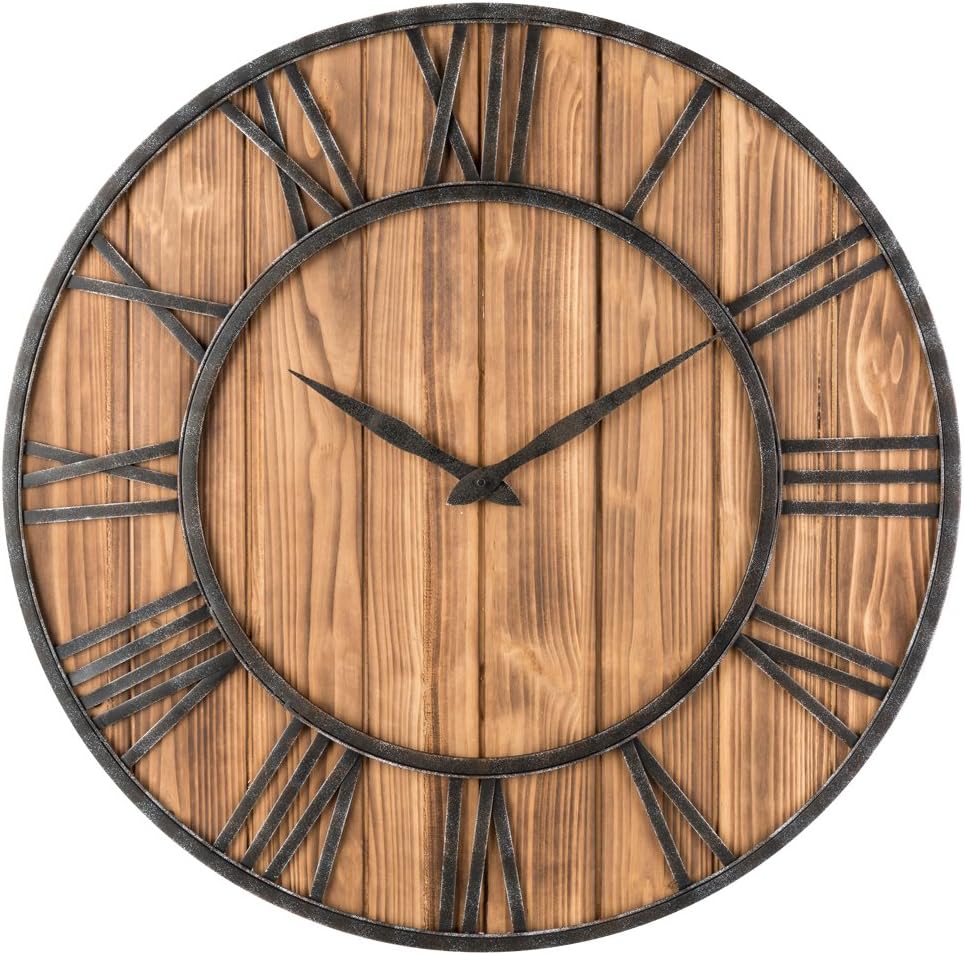 Oldtown Rustic Farmhouse Metal & Solid Wood Noiseless Wall Clock (Wood, 30-inch)
