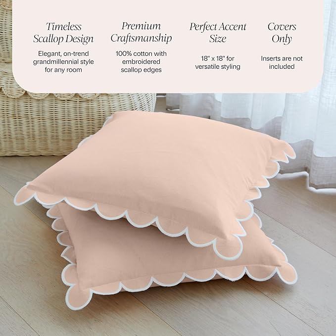 BEBE BASK Scalloped Pillow Cover - Set of 2-18 x 18 Inch - Scallop Pillow Covers – Peach Pink Scalloped Pillows - Scallop Pillows - 100% Cotton - Grandmillennial Style (Peach Pink/White)