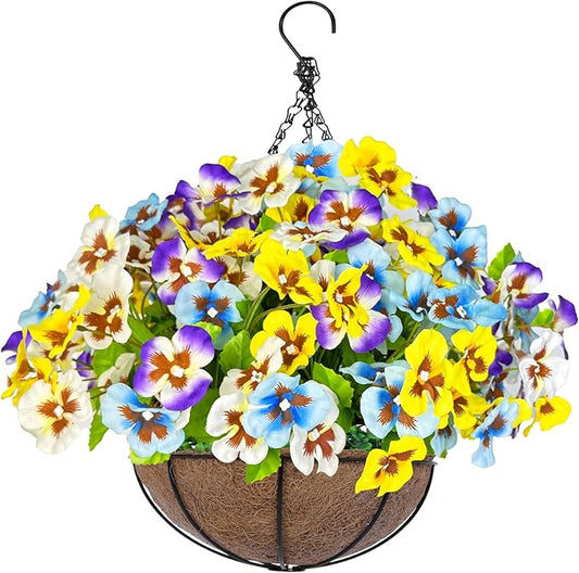 Artificial Hanging Flowers Plants Basket Outdoor Outside Decoration, Pansies UV Resistant Waterproof Colorful Silk Flowers Fake Hanging Planters for Porch Patio Balcony Yard Home Decor