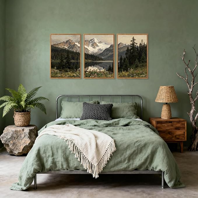 TOARTi Large Framed Snowy Mountain Forest Canvas Wall Art Set,Woodland Forest Lake Landscape Wall Decor,Modern Natural Green Wildflower Art Prints for Farmhouse Living Room Bedroom Office-16”x24”x3
