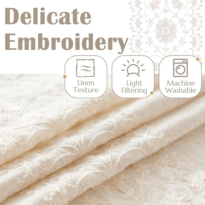 jinchan Weslie Boho Curtains for Living Room Ivory Vintage Floral Farmhouse Curtains 108 Inches Long Linen Drapes for Bedroom Embroidered Extra Long Light Filtering Drapes Rod Pocket 2 Panels