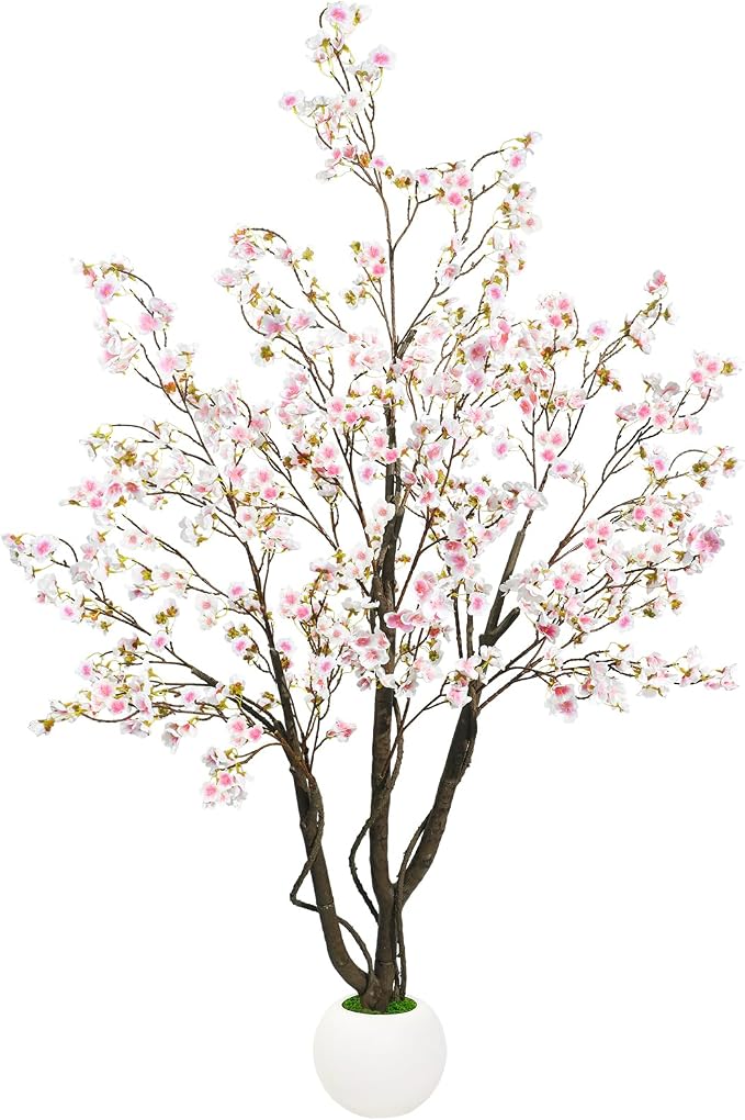 Caxchiling Artificial Cherry Blossom Tree 5FT, Pink Faux Floor Tree | Ball-Shaped Pot with Moss Topper, Lifelike Faux Tree for Home Office, Living Room, Bedroom, Doorway and Hallway Decor