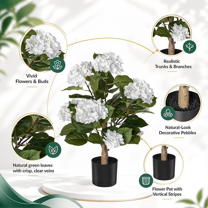 Artificial Hydrangea Flowers Tree for Outdoors, Sturdy 2FT Fake Plants with Weighted Pot, UV Resistant White Artificial Flowers for Front Porch & Home Decor, 2 Pack