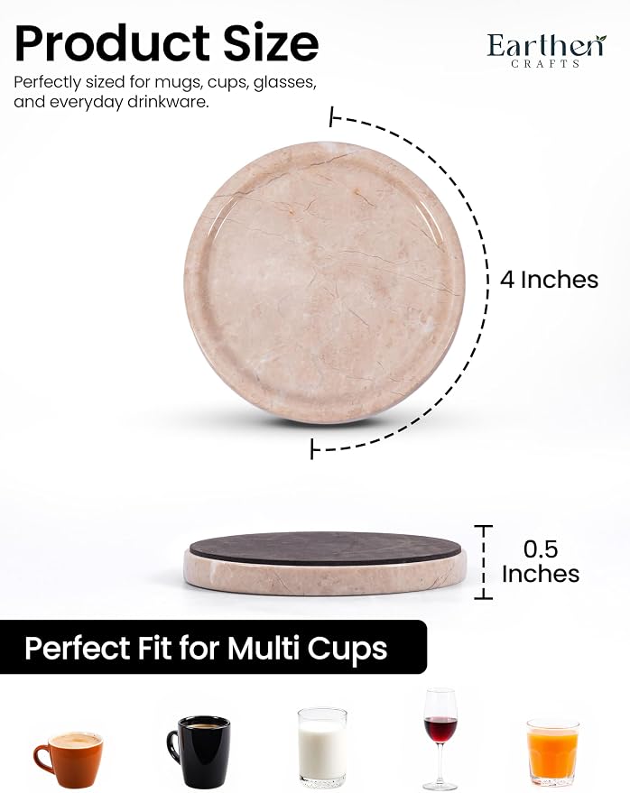Marble Coasters Set of 4 Beige 4 Inches Round Coaster Set Natural Stone Drink Coasters, Coaster for Drinks, Coffee Table, Kitchen, Bar Décor
