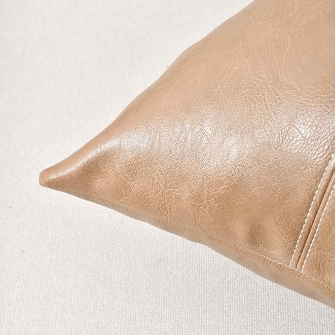Fancy Homi Tan Decorative Throw Pillow Covers 16x16 Inch for Living Room Couch Bed, Modern Farmhouse Boho Home Decor, Faux Leather Hand Stitched Beige Accent Square Cushion Case 40x40 cm