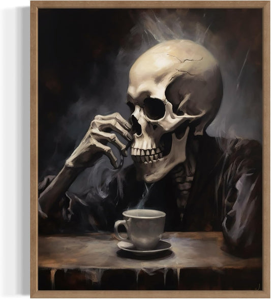 Skull Drinking Coffee Poster Art Print, Halloween Scary Vintage Wall Art Academia Spooky Painting Decoration for Horror Prints, Gothic Posters Bedroom Decor 89 (Skull Drinking Coffee, 16 x 20 inches, Wood Frame)