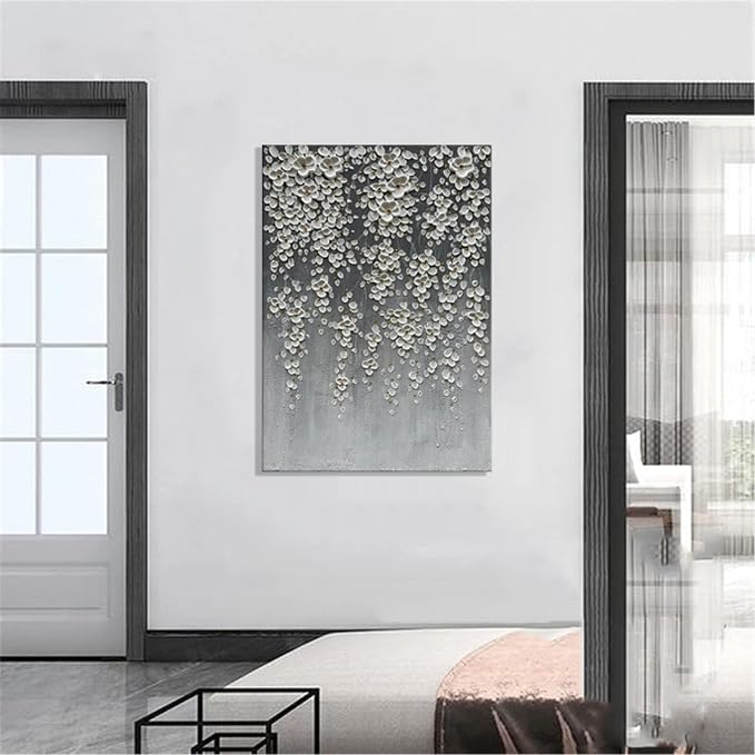 zoinart 3D Oil Painting on Canvas, 28x40 inch Hand Painted Abstract White Flowers/Floral Paintings Grey Artwork Modern Canvas Wall Art Wall Decor Framed Ready to Hang