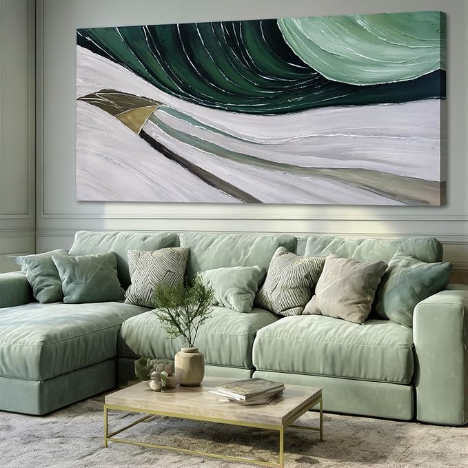 MLART99 Large Abstract Wave Painting Green and White Modern Canvas Wall Art Painted Line Texture for Bedroom Living Room Home Decor 29x58 Inch