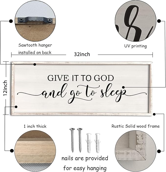 Give It To God And Go To Sleep Sign Wall Decor 32"X12" Master Bedroom Above Bed Large Farmhouse Wall Decor Wood Rustic Framed Over Bed Wall Art Hanging Decoration (White)