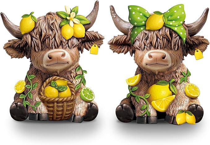 Wesiti 2 Pcs Lemon Highland Cow Figurines Summer Highland Cow Gnomes Scottish Resin Statue Calf Lemon Gifts for Spring Home Garden Kitchen Office Tiered Tray Table Decor