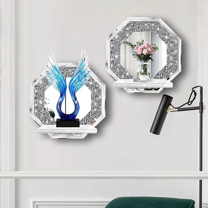 ZOLAPI Crystal Crush Diamond Wall Candle Holder Set of 2, Octagon Silver Mirrored Candle Sconces, Home Wall Decoration for Living Room, Dining Room & Bedroom.