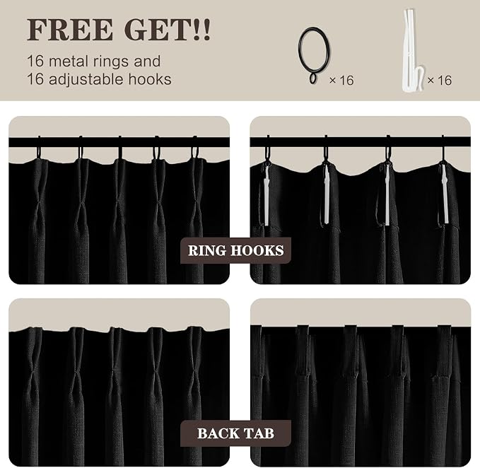YZ HOME Black Linen Pinch Pleated Curtains 96 Inches Long for Living Room, Light Filtering Pleat Drapes Textured Thick Ceiling Semi-Sheer Window Curtain with Hooks for Bedroom Balcony, 2 Panels