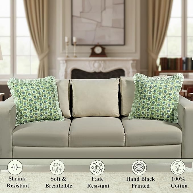 Ridhi Block Print Apple Green Floral Throw Pillow Cover 18" x 18" (Pack of 2) Decorative Cushion Covers with Ruffle for Couch, Sofa, Bed, Living Room, Home Decor Gift for Spring, Easter, Valentine