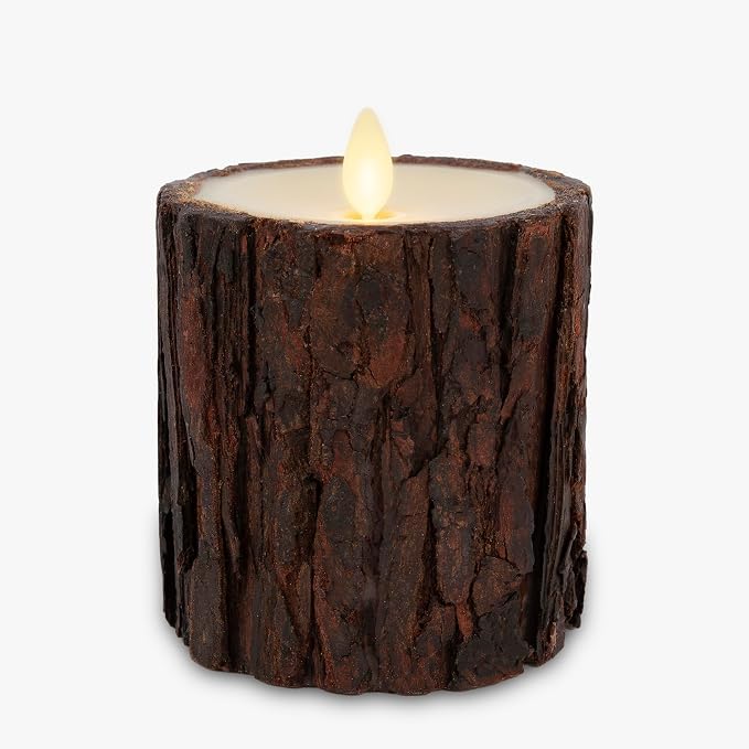 Luminara Real Bark Flameless LED Candle, Ivory 3.5" x 4.5", Moving Flame Battery Operated with Timer, Realistic Wax Pillar for Home Decor, Indoor Safe