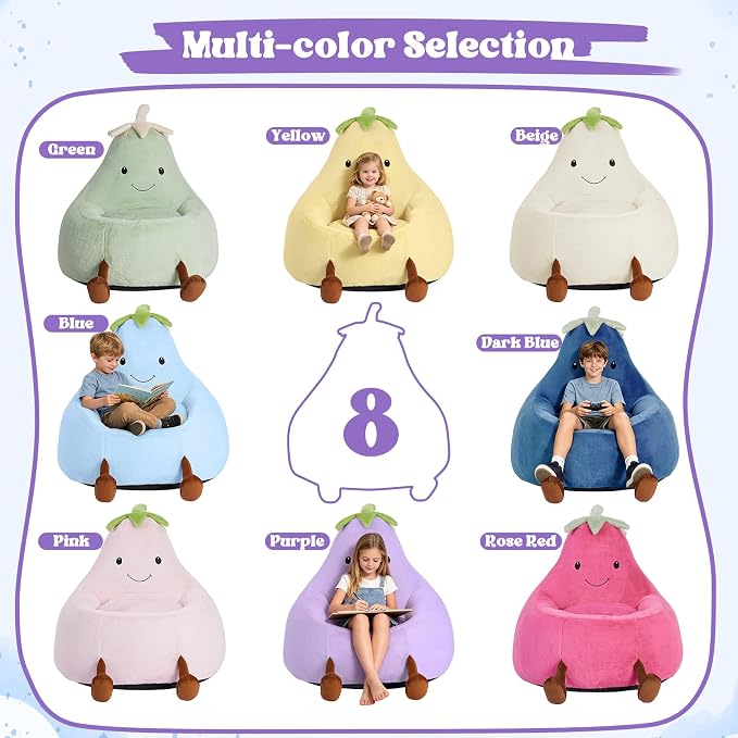 24 Inches Memory Foam Bean Bag Chair - Ultra Soft Faux Rabbit Fur Round Sofa with Handle & Machine Washable Cover, Eggplant-Shaped Kids Reading Chair for Bedroom, Living Room and Playroom, Purple