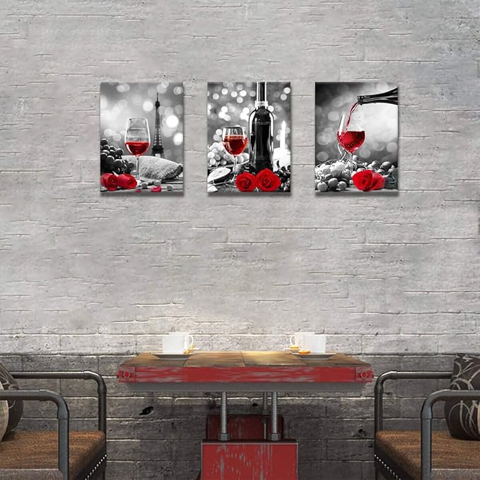 Wine Decor Kitchen Canvas Art Red Wine Rose Artwork for Home Walls Black and White With Red Wine Painting Printed Rose Art Dining Room Decor Red Kitchen Pictures Wall Decor Stretched 12x16inches x3pcs