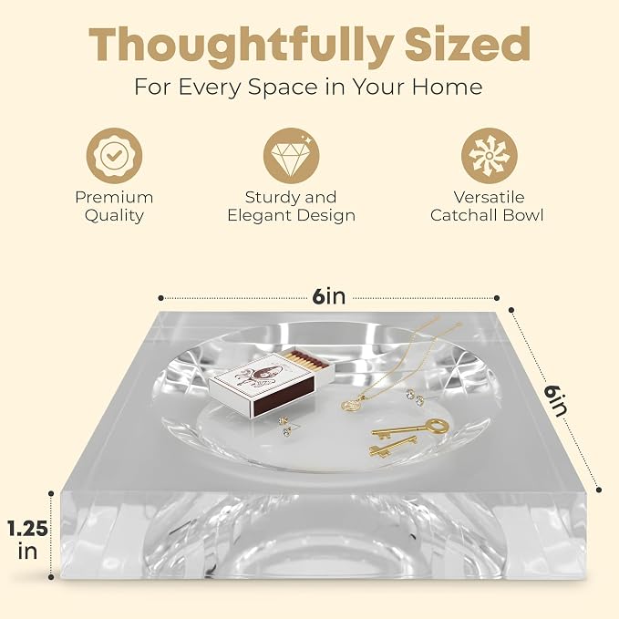 Clear Acrylic Catchall Tray - Decorative Jewelry Dish & Vanity Organizer for Keys, Rings, Earrings | Modern Minimalist Home Decor for Dresser, Nightstand, Entryway