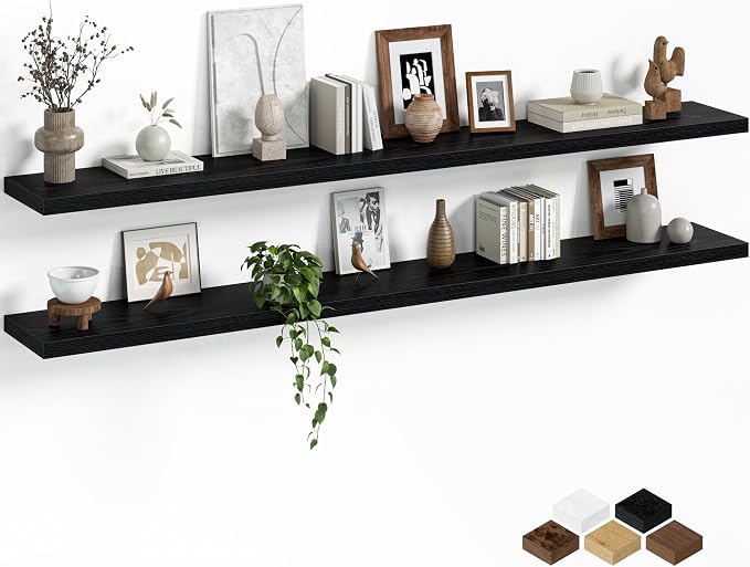 Fun Memories Floating Shelves for Wall, 72 Inch Long Set of 2 Rustic Wood Wall Shelves with Invisible Brackets, Heavy Duty Storage Display for Living Room Bedroom Kitchen, Black