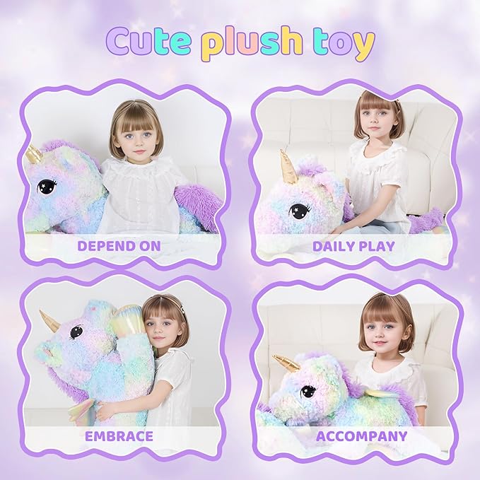 FFxiong 44 Inch Giant Rose Rainbow Unicorn Stuffed Animal Plush Toy with Wings Soft Cute Large Unicorn Plushies Animals Body Pillow Gift for Children Boy Girl Kids Birthday Valentine Room Decorations