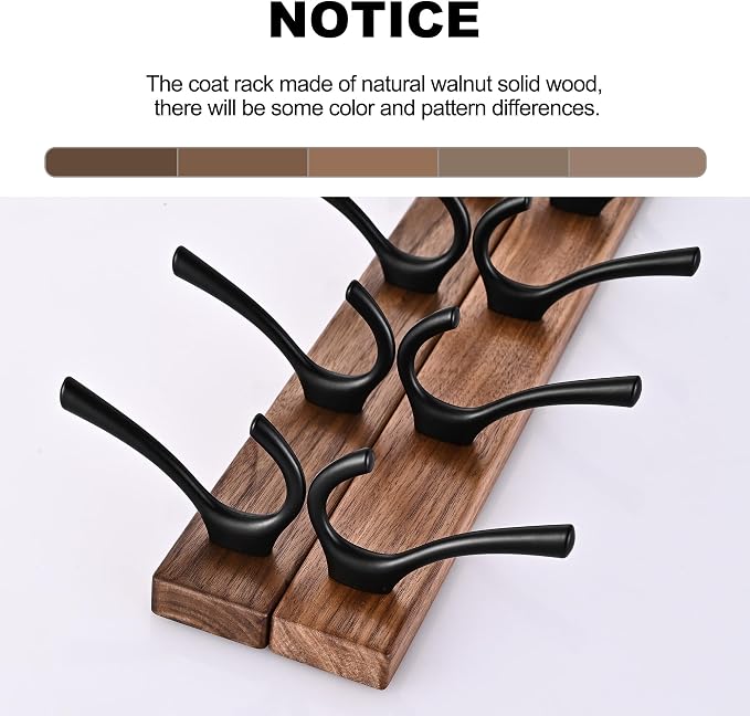 17.3" Small Walnut Wood Coat Rack Wall Mount with 4 Hooks, Heavy Duty Wooden Jacket Hanger Door Mounted for Decorative Entryway and Bathroom Hanging Towel Backpack Purse Clothes Hat Key Black