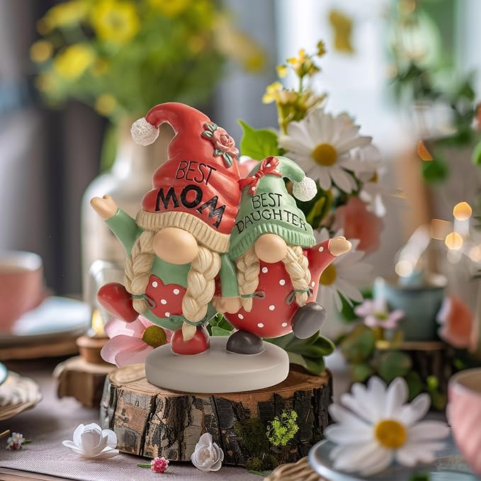 Mothers Day Gnome Figurines, Red Green Resin Best Mom Daughter Gnome Decor, Small Statue Birthday Gifts for Mom, Indoor Table Top Centerpieces Shelf Desk Tiered Tray Mantel Home Decorations