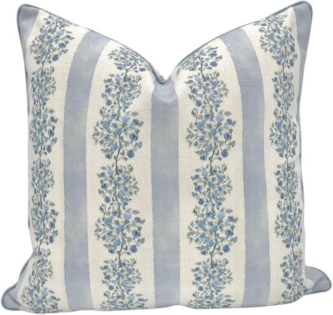 Jillien Harbor “The Juliet” Floral Block Print Pillow Cover – Soft Blue and Off-White Decorative Throw Pillow Cover – Grandmillennial Home Decor, 24" x 24"