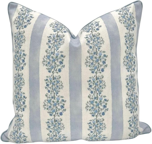 Jillien Harbor “The Juliet” Floral Block Print Pillow Cover – Soft Blue and Off-White Decorative Throw Pillow Cover – Grandmillennial Home Decor, 24" x 24"