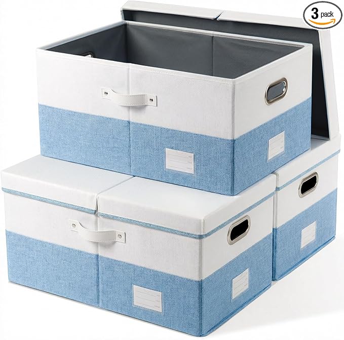 PRANDOM Storage Bins with Lids [3-Pack] Linen Fabric Foldable Storage Boxes Organizer Containers Baskets Cube with Cover for Bedroom Closet Office White&Blue (23.4X15.9X11.4)