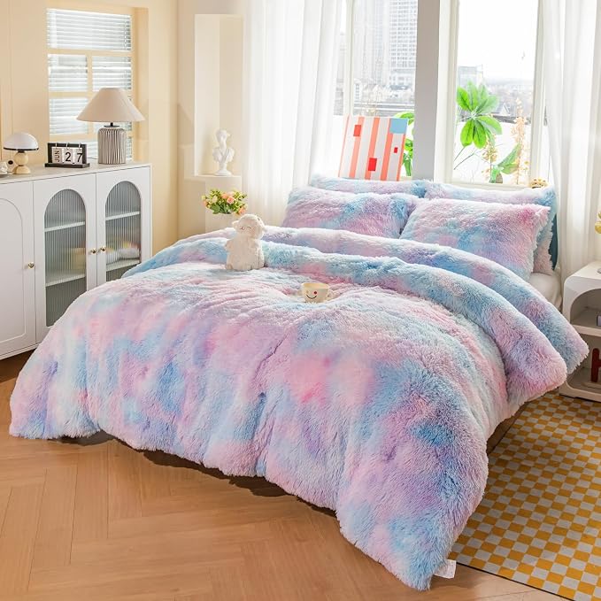 chovy Faux Fur Plush Tie-Dyed Blue Comforter Sets King - Ultra Soft Shaggy Flannel Velvet Fluffy Fuzzy 3PC Bedding Set （Comforter x 1 Pillowcases x 2）