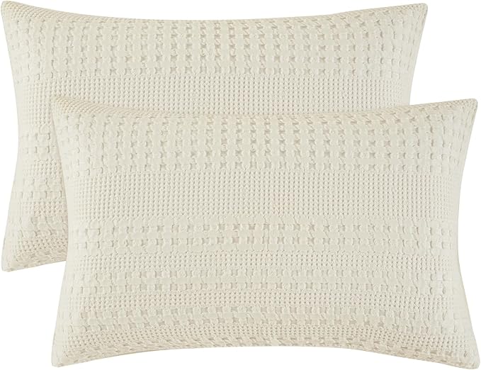 PHF 100% Cotton Waffle Pillow Shams Standard Size, 2 Pack 20" x 26" Soft Skin-Friendly Pillowcases, No Filling, Aesthetic Woven and Breathable Waffle Weave Pillow Case Covers for Bed, Ivory