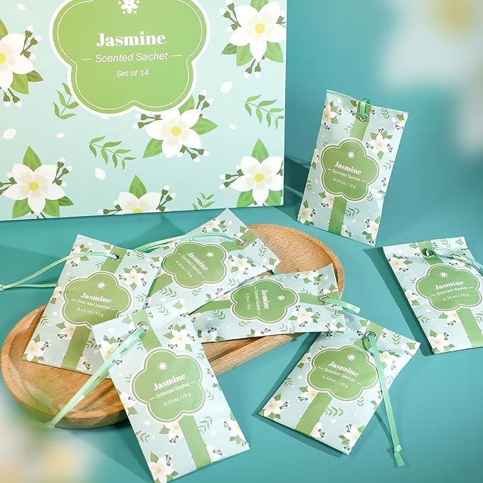 SCENTORINI Scented Sachets for Drawers and Closets, Jasmine Scent 14 Pack, Long-Lasting Sachets Bags Wardrobe Freshener for Cupboard, Shoecase, Gym Bags, Suitcases