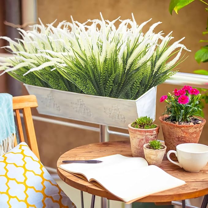 Grunyia 10 Bundles Artificial Plants Outdoor Fake Grass with Flowers UV Resistant Greenery Garden Porch Window Box Decorating (White)