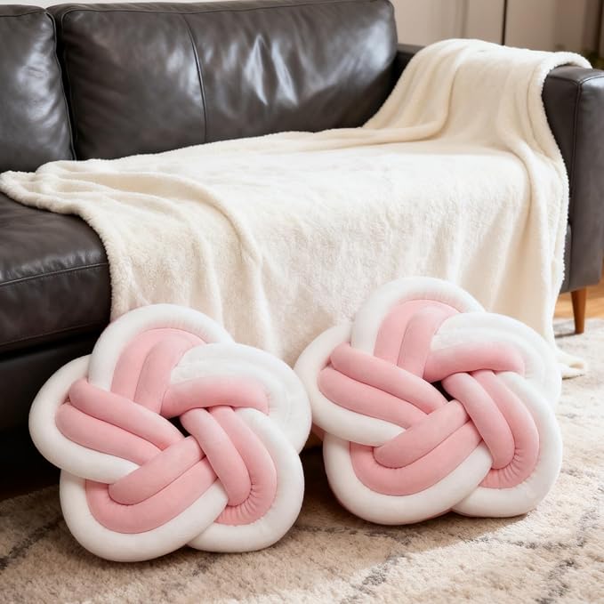 2Pcs Knot Pillow Ball，Soft Home Decorative Round Throw Pillow，Handmade Knotted Plush Pillow，Star-Shaped Round Boucle Pillow Cushion (Pink)